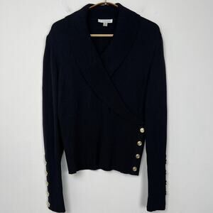 St John Sport Knit Sweater Women’s Small Black Cowl Neck Gold Button Wool Blend